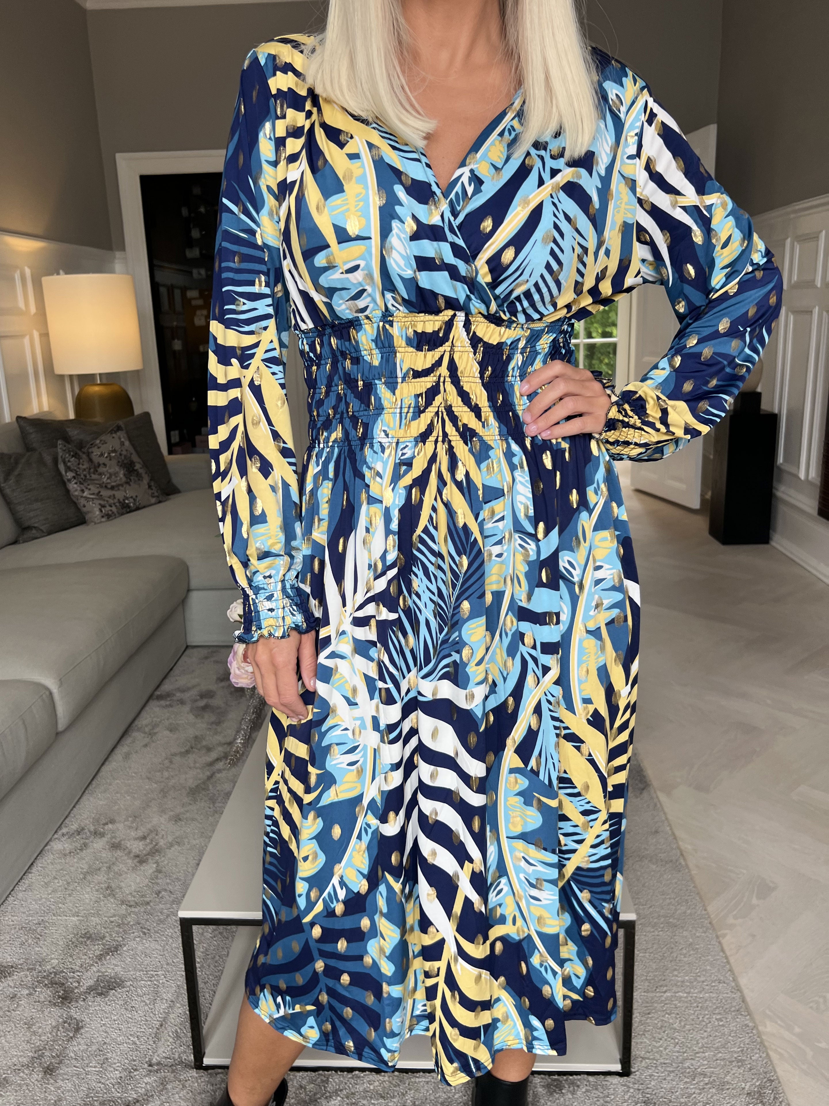 Pams Forest Midi L/S - Elastisk klänning i skrynkelfritt tyg med långa ärmar